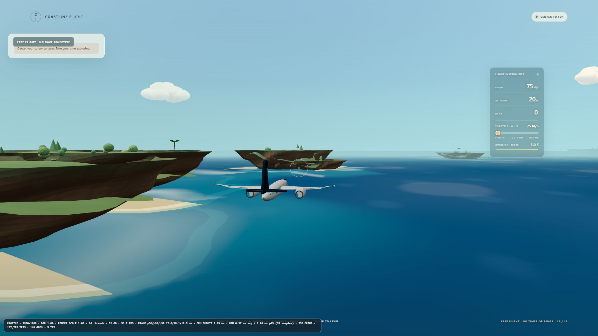 A plane flying between small coastal islands in Coastline Flight's Free Flight mode.