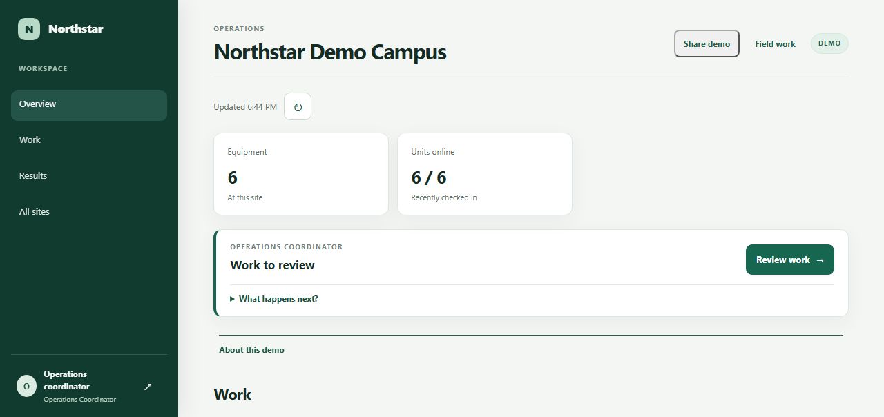 The HVAC app's operations dashboard for a fictional building: six units online and one work item waiting for review.